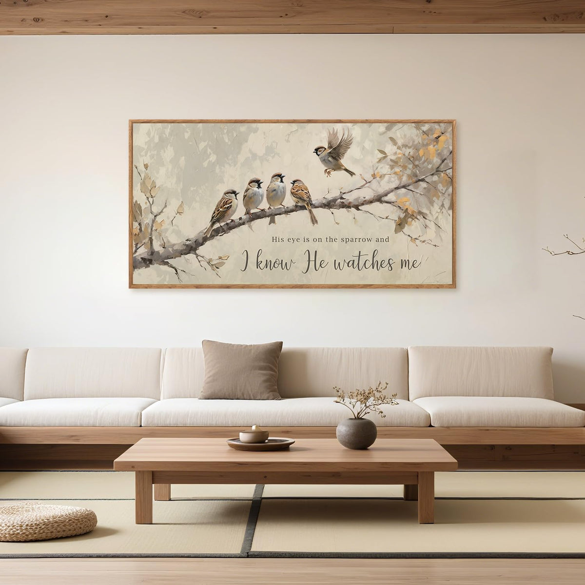 Aurlan His Eye is on the Sparrow Christian Wall Art Framed(40"x20"), Vintage Neutral Birds on Tree