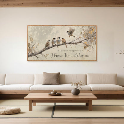 Aurlan His Eye is on the Sparrow Christian Wall Art Framed(40"x20"), Vintage Neutral Birds on Tree