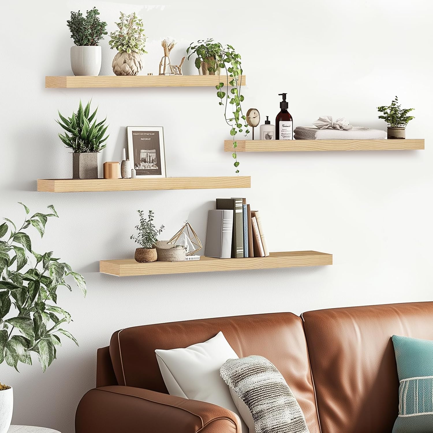 Floating Wall Shelves 4-Pack - Rustic Wood 16-inch Wooden Wall Shelves for Storage and Décor