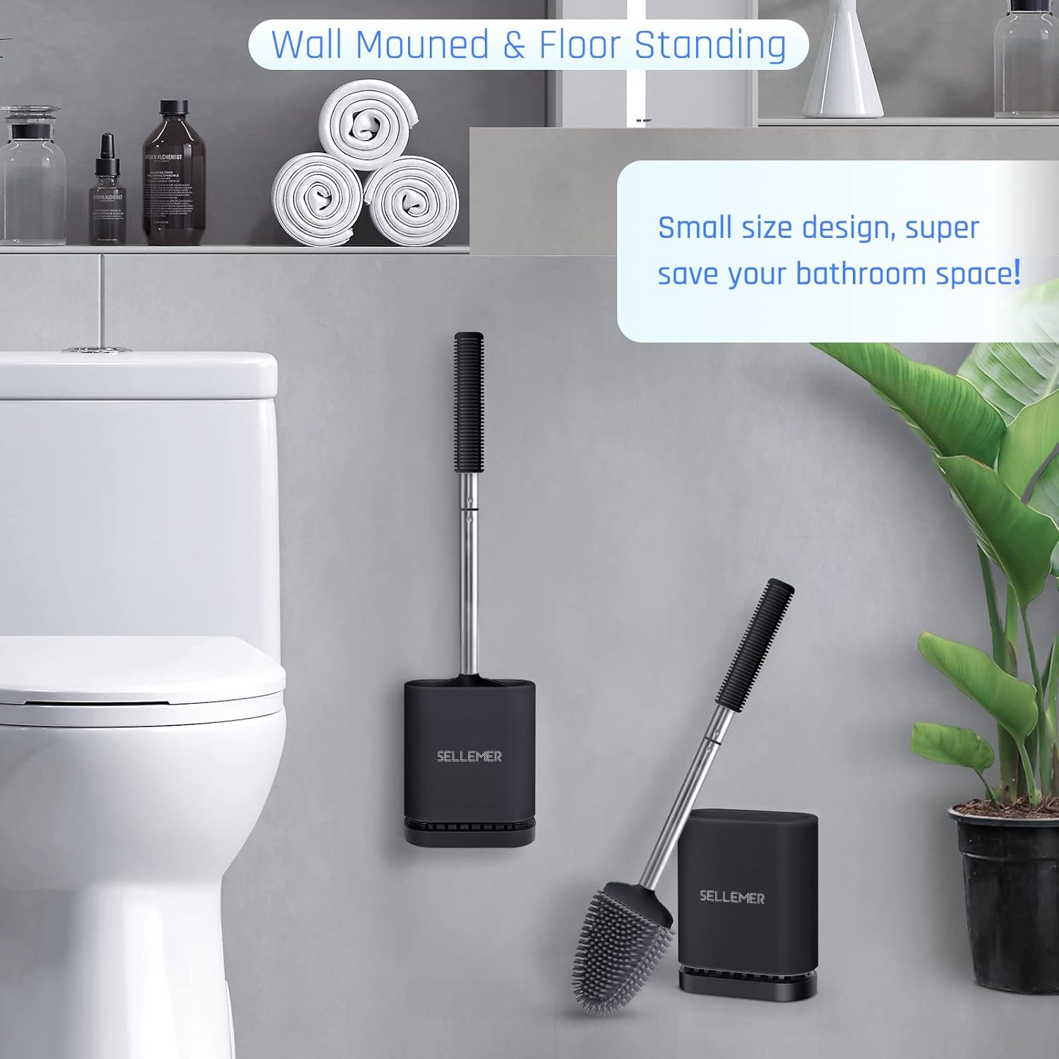 Sellemer Toilet Brush and Holder Set - Flexible Toilet Bowl Brush Head with Silicone Bristles