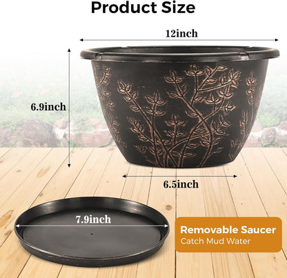 12-inch-Flower-Pots-Outdoor-Indoor, 4 Pack Plastic Planter Pots for Plant with Drainage Hole
