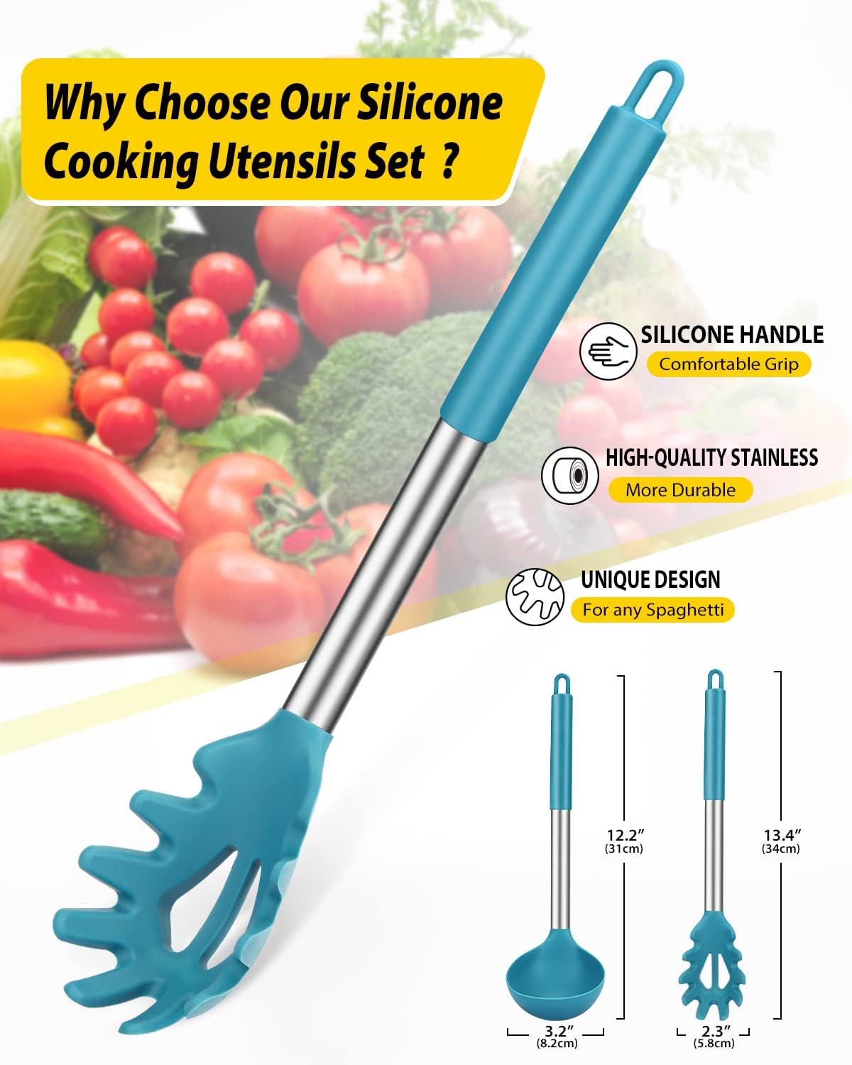 Silicone Pasta Fork and Ladle Spoon Set, Large Non Stick Kitchen Utensils for