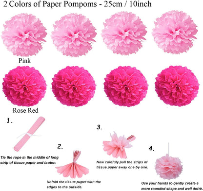 ZERODECO Party Decoration, 21 Pcs Pink Hanging Paper Fans, Pom Poms Flowers, Garlands String Polka