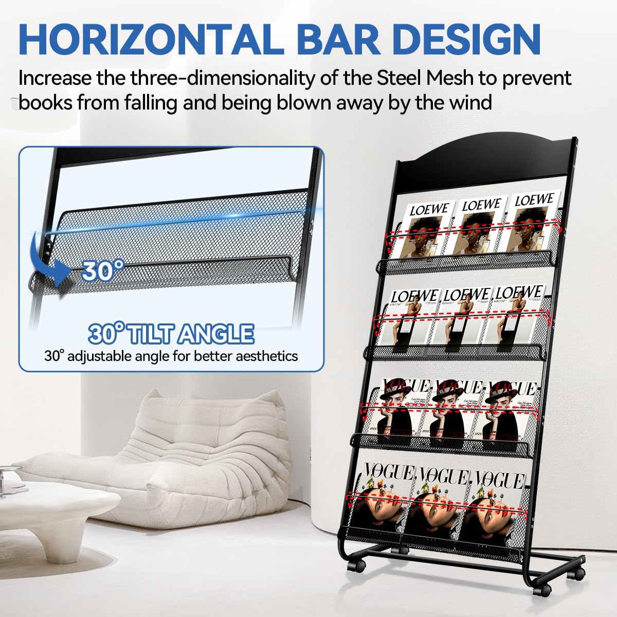 Floor-Standing Magazine Rack, 4-Layer Brochure Display Stand Tiered Design Magazine Stand