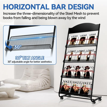 Floor-Standing Magazine Rack, 4-Layer Brochure Display Stand Tiered Design Magazine Stand