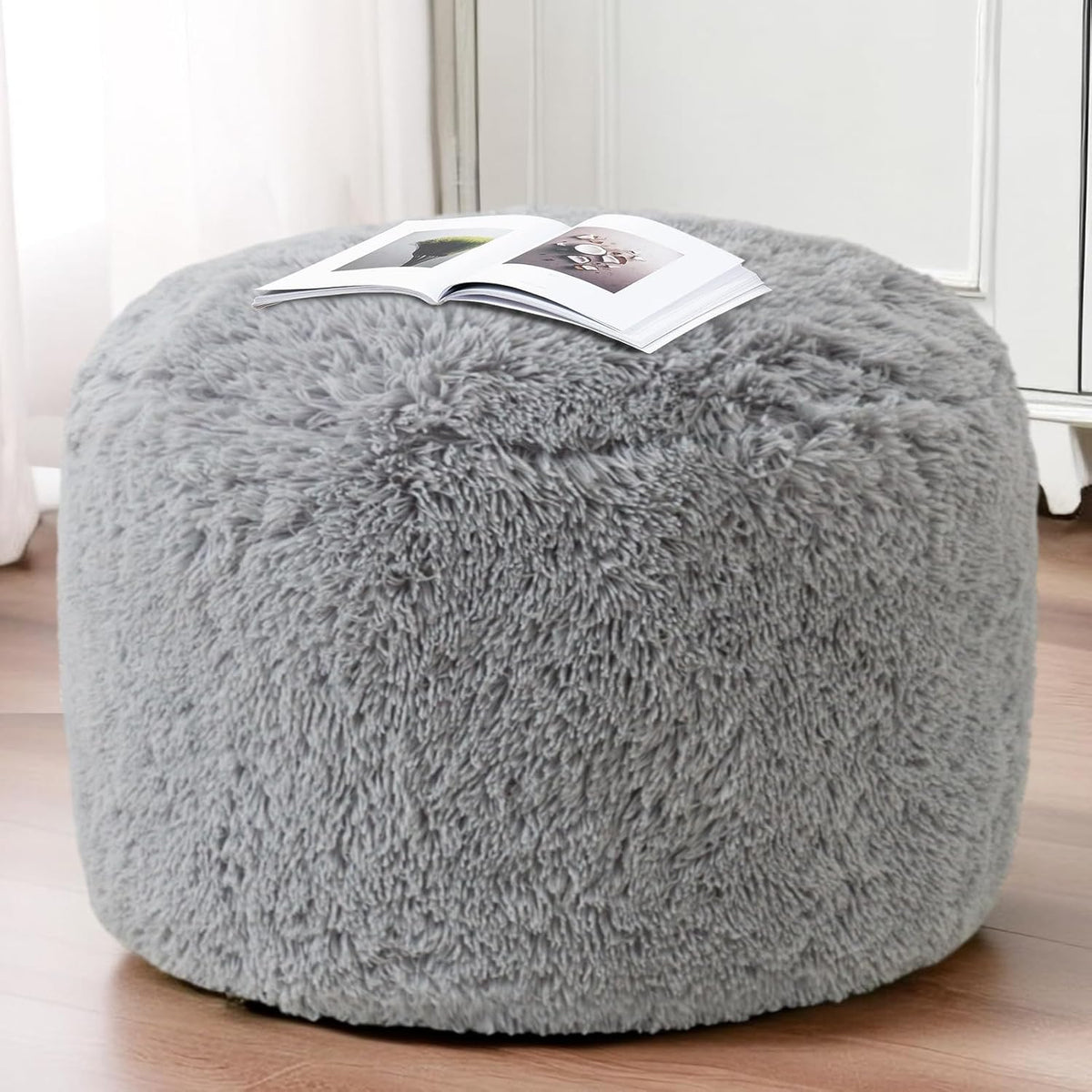 HIGOGOGO Round Stuffed Pouf Ottoman, Long Faux Fur Poufs with Foam Chunk Filling, Fluffy and Furry