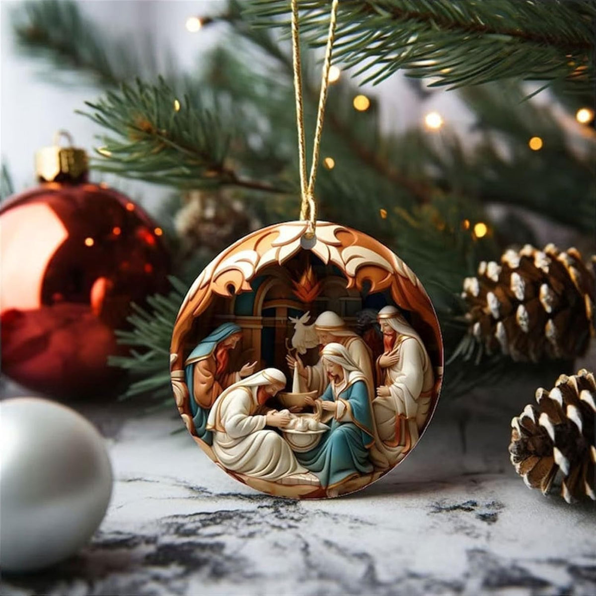 6 Pack Nativity Scene Ornaments - 3.15'' Diameter & Gifts Boxed Keepsake | Christmas Tree Nativity