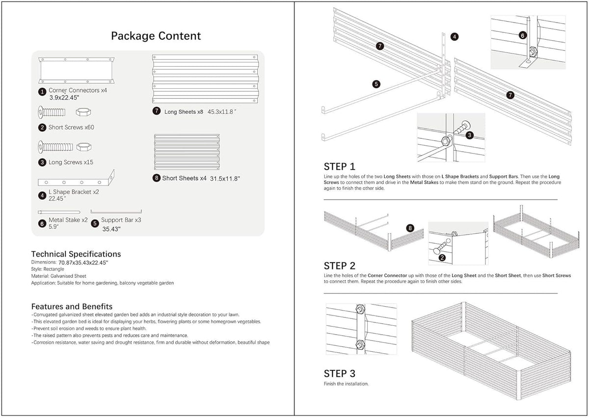 8x3x2FT Metal Raised Garden Bed Kit, Galvanized Outdoor Garden Bed Planter Box for Vegetables