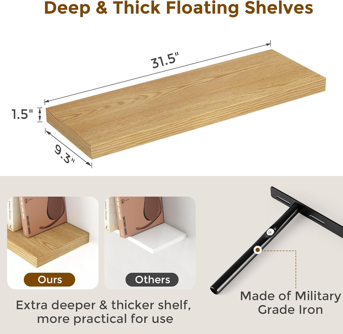 Rustic Wood Floating Shelves 32 Inch Long, 9 Inch Deep Wall Shelves for Home Decor, 32 x 9 Floating