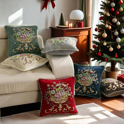 2 Pcs Grey Chenille Vintage Embroidered Throw Pillow Covers 18x18in,Grey Tassel Vintage Pattern