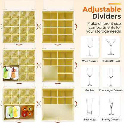 Wine Glass Storage Box with Dividers, 2 Pack Glassware Storage Containers, Stemware Storage Cases