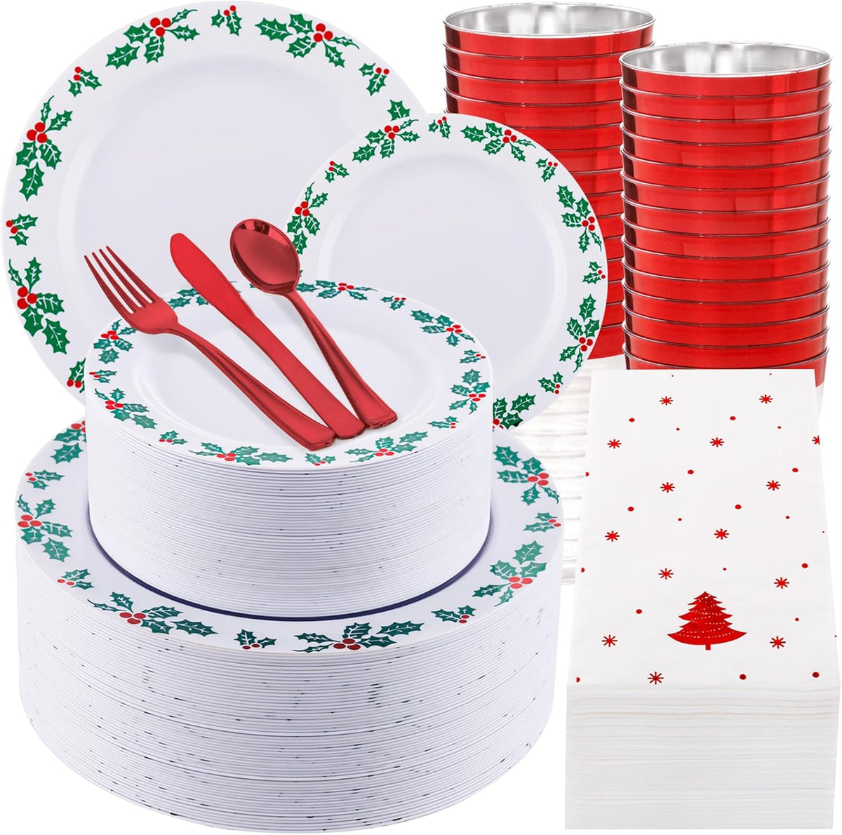 WDF 350pcs Christmas Plates and Napkins Set - Exquisite Holly Design - Christmas Dinnerware Set of