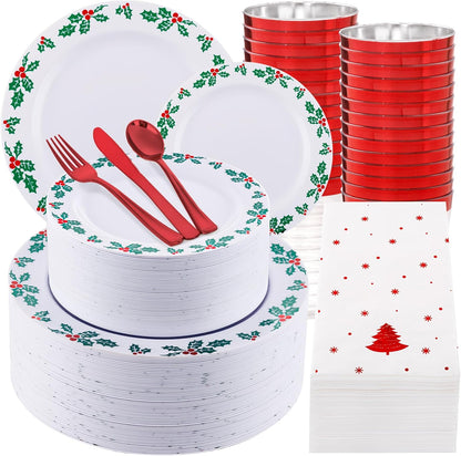 WDF 350pcs Christmas Plates and Napkins Set - Exquisite Holly Design - Christmas Dinnerware Set of