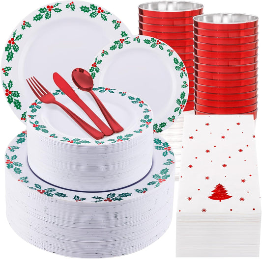 WDF 350pcs Christmas Plates and Napkins Set - Exquisite Holly Design - Christmas Dinnerware Set of