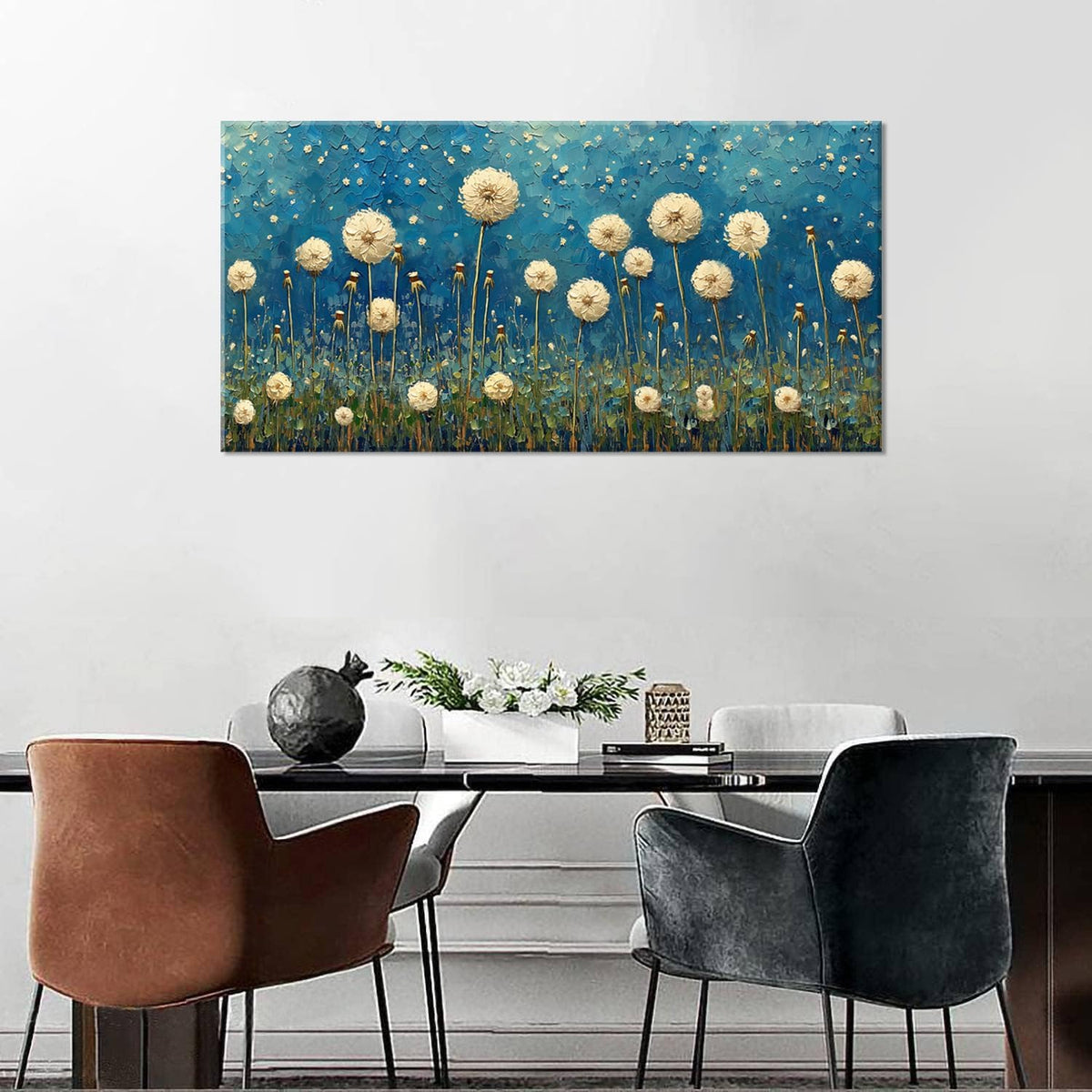 LASMOND Teal Dandelion Wall Art for Living Room Abstract Blowball Canvas Painting Prints Large