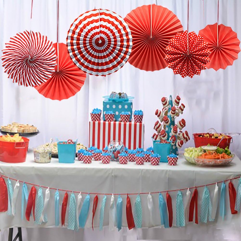Party Hanging Paper Fans Set, Red Round Pattern Paper Garlands Decoration for Birthday Wedding