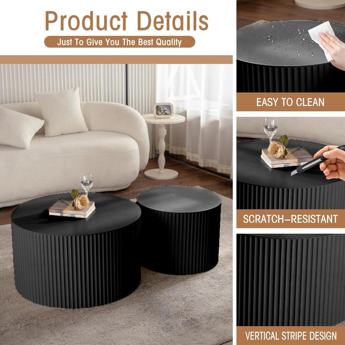 Round Coffee Table Set of 2, Nesting Coffee Table and End Table Set Small Circle Drum Side Table