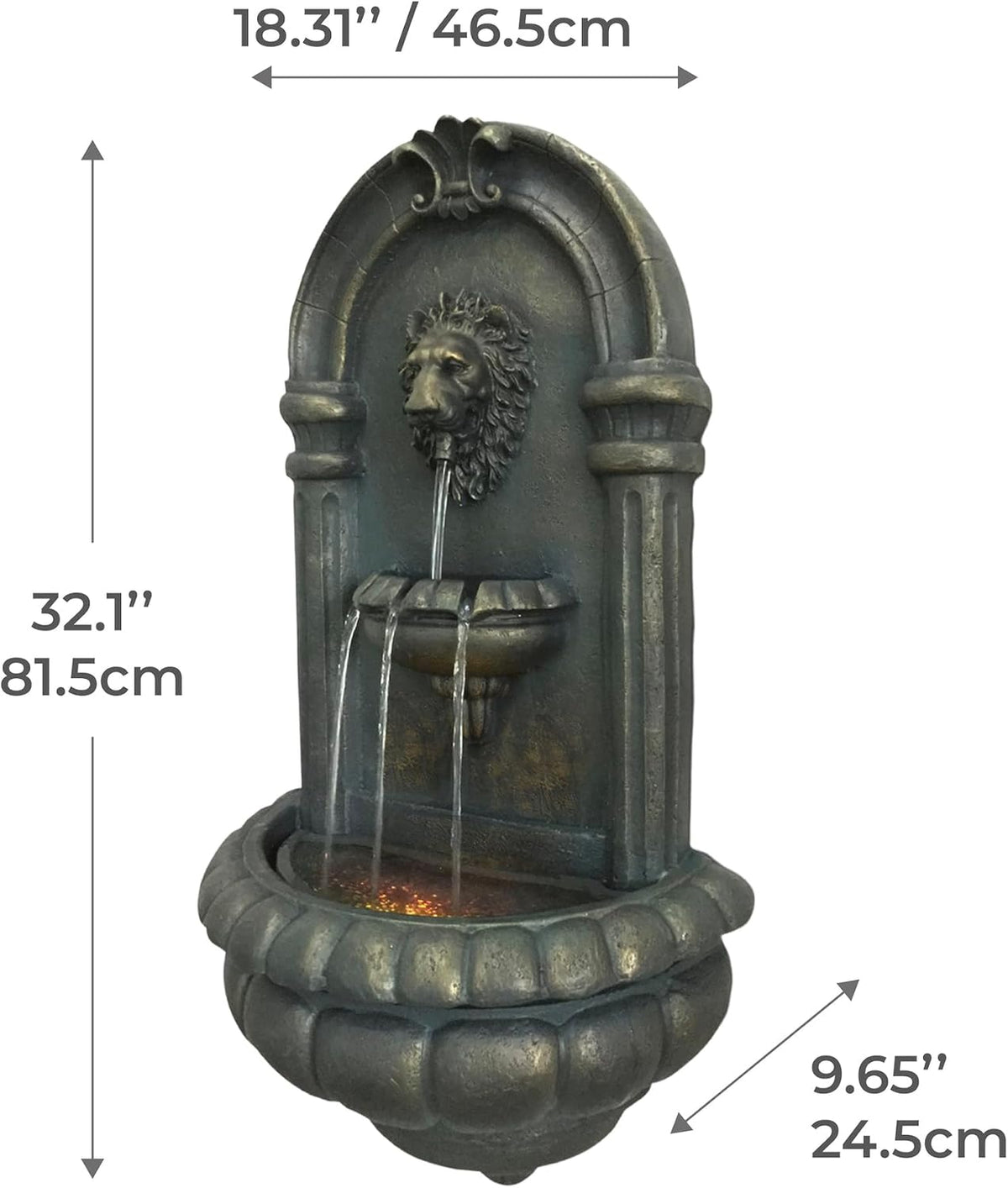 Teamson Home 32.1 in. Wall-Mounted Lion Head Stone LED Outdoor Water Fountain for Gardens