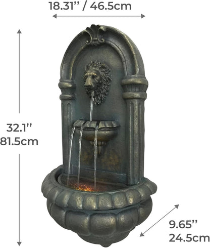 Teamson Home 32.1 in. Wall-Mounted Lion Head Stone LED Outdoor Water Fountain for Gardens