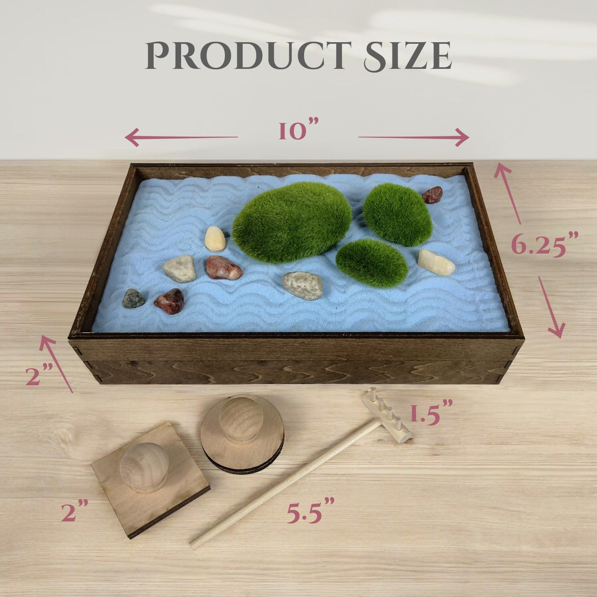 Wooden Stackable Zen Garden | Blue Oasis Sand with Rake & Accessories | Minimalist Decor Gift for