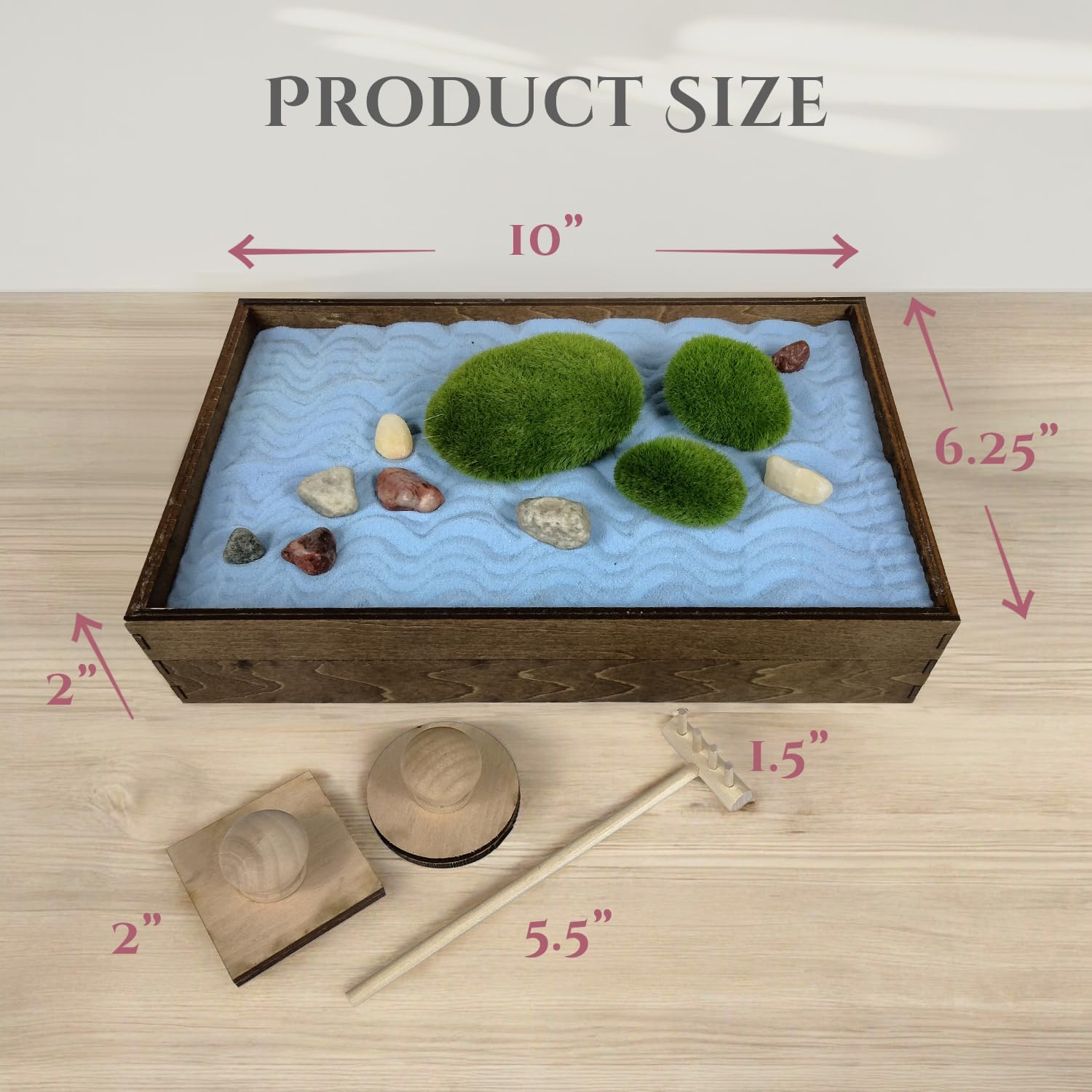 Wooden Stackable Zen Garden | Blue Oasis Sand with Rake & Accessories | Minimalist Decor Gift for