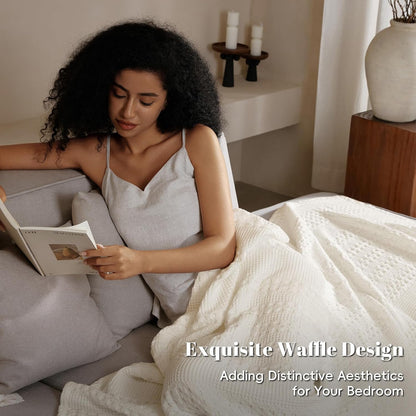 PHF 100% Cotton Waffle Weave Blanket Queen Size, Soft Lightweight Breathable Cozy Summer Blankets