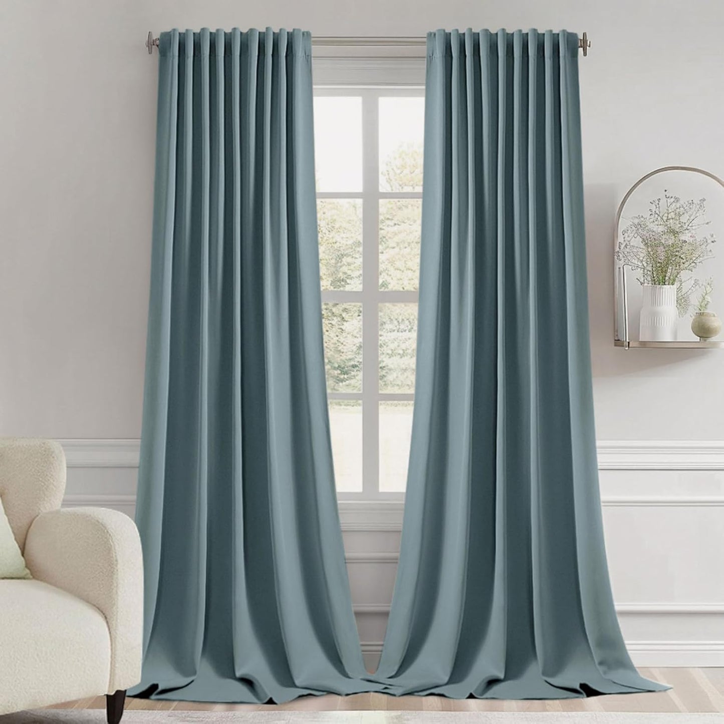 MIULEE Greyish Blue Back Tab Blackout Curtain 96 Inch Long 2 Panels Set for Bedroom, Rod