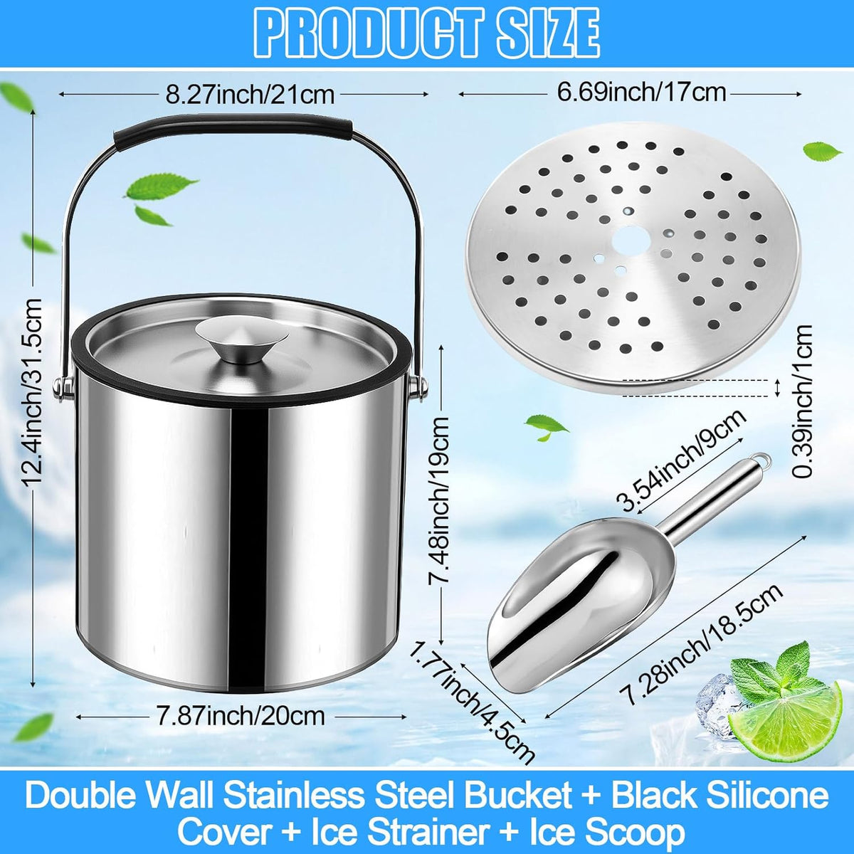 meekoo 4 L Double Wall Insulated Stainless Steel Ice Bucket with Lid, Scoop, Strainer, Handle Large