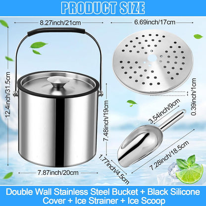 meekoo 4 L Double Wall Insulated Stainless Steel Ice Bucket with Lid, Scoop, Strainer, Handle Large