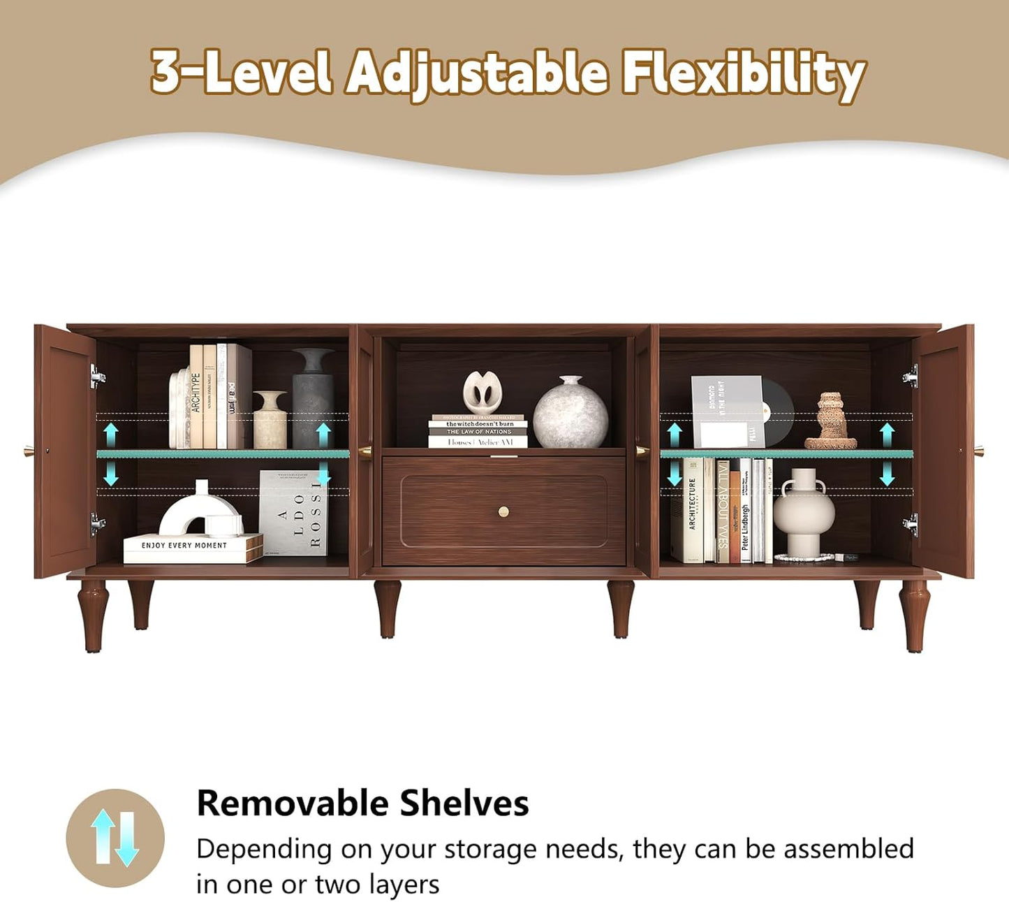 ARTPOWER 67'' Mid-Century Modern TV Stand with Storage Drawer and Doors, Long TV Stand with