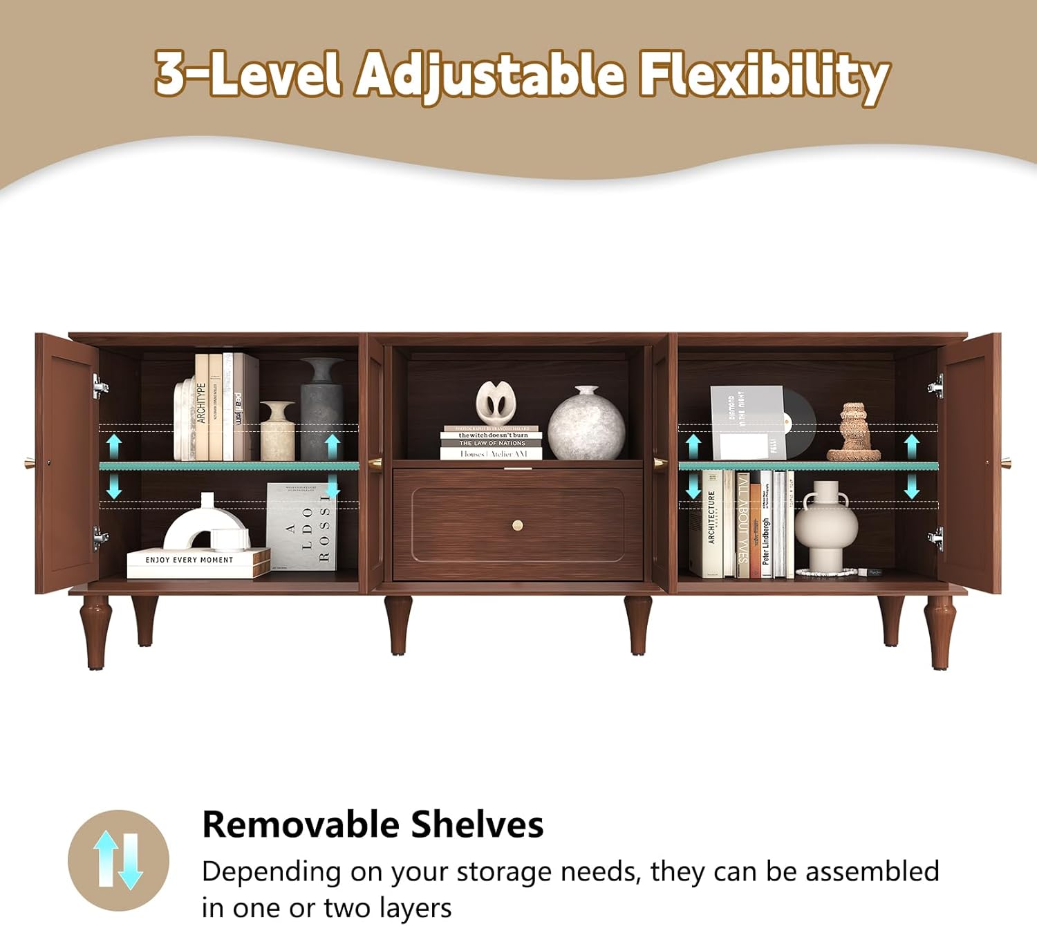 ARTPOWER 67'' Mid-Century Modern TV Stand with Storage Drawer and Doors, Long TV Stand with