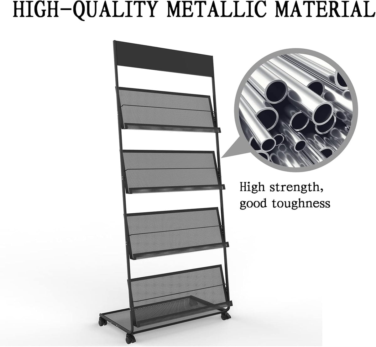 TONGMO Magazine Rack: Floor-Standing 4-Layer with Wheels, Brochure Display Stand, High-hardness