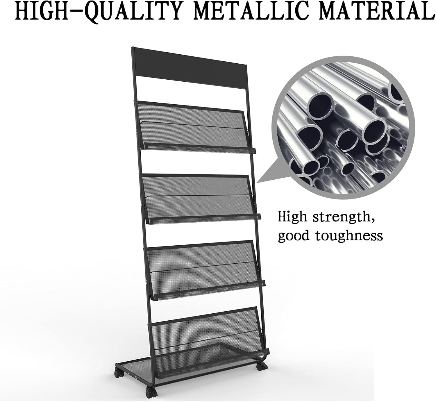 TONGMO Magazine Rack: Floor-Standing 4-Layer with Wheels, Brochure Display Stand, High-hardness
