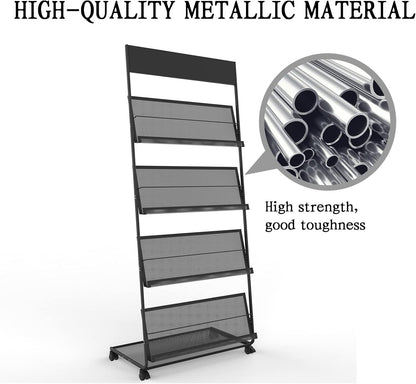 TONGMO Magazine Rack: Floor-Standing 4-Layer with Wheels, Brochure Display Stand, High-hardness