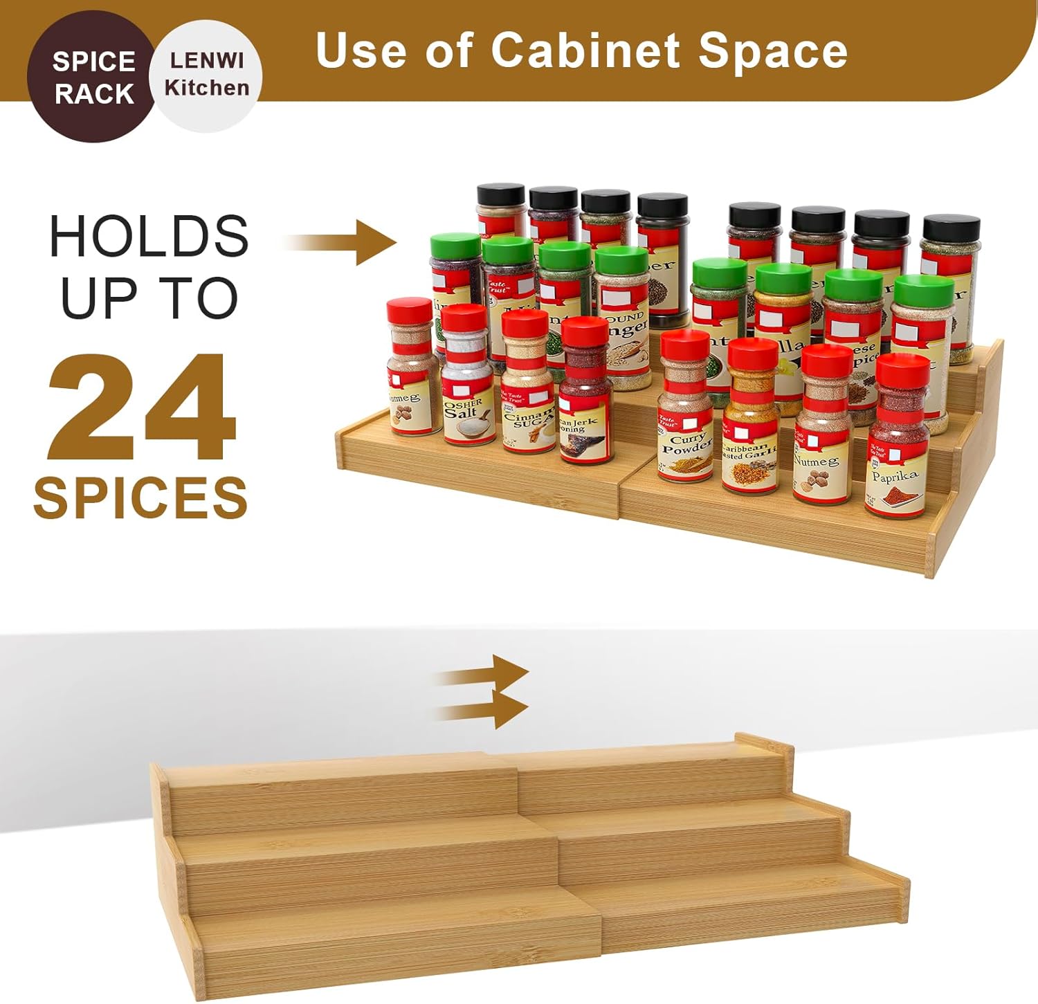 Spice Rack Organizer for Cabinet, 3 Tier Expandable Bamboo Spice Storage, Great for Kitchen