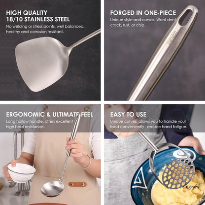 18/10 Stainless Steel Kitchen Utensils Set - 12 PCS All Metal Cooking Tools & 15″ Serving Utensils