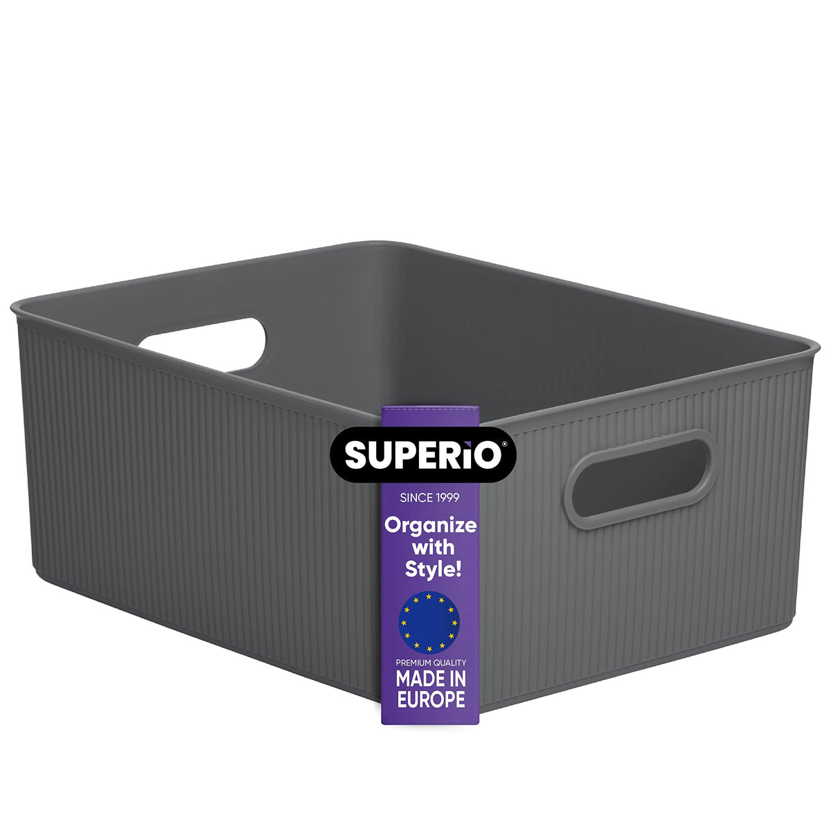 Superio Ribbed Collection - Decorative Plastic Basket Open Home Storage Bins Organizer, Large Grey