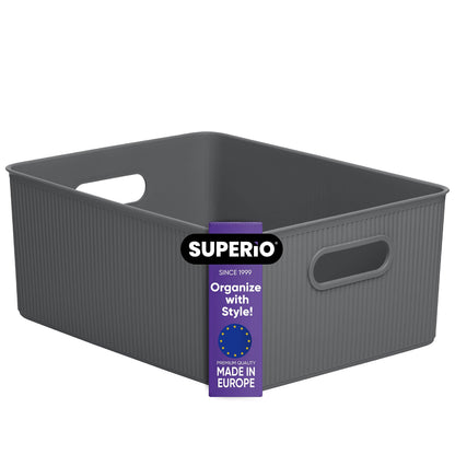 Superio Ribbed Collection - Decorative Plastic Basket Open Home Storage Bins Organizer, Large Grey