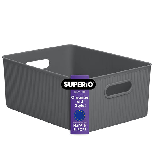 Superio Ribbed Collection - Decorative Plastic Basket Open Home Storage Bins Organizer, Large Grey
