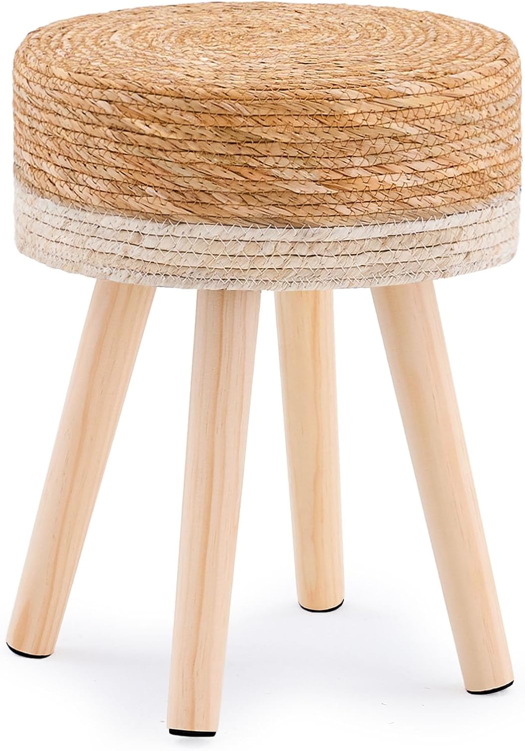 Handwoven Outdoor Ottoman, Water Hyacinth Pouf Round Patio Footstool with Wood Legs, 17-Inch