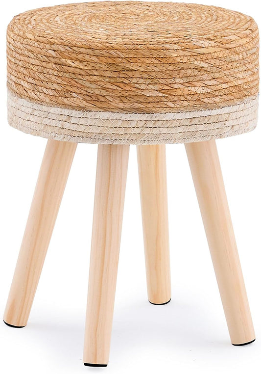 Handwoven Outdoor Ottoman, Water Hyacinth Pouf Round Patio Footstool with Wood Legs, 17-Inch