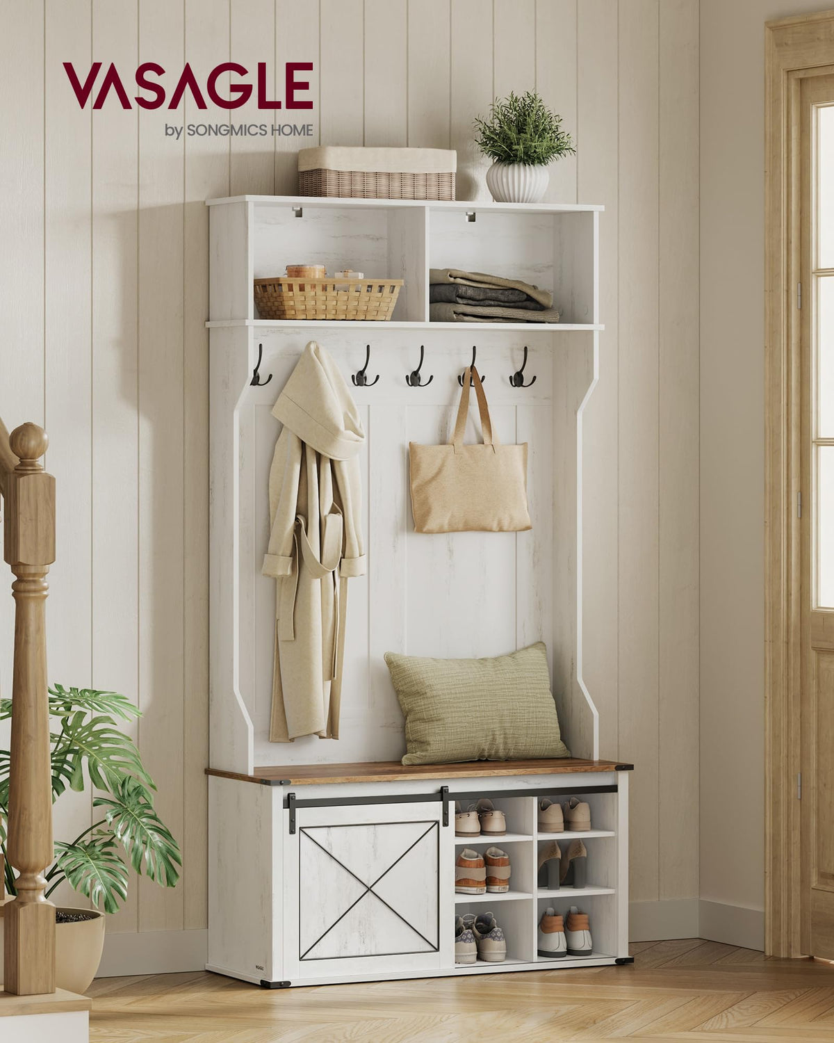 VASAGLE Hall Tree with Bench and Shoe Storage, Coat Rack with Shoe Bench, Entryway Furniture, 6