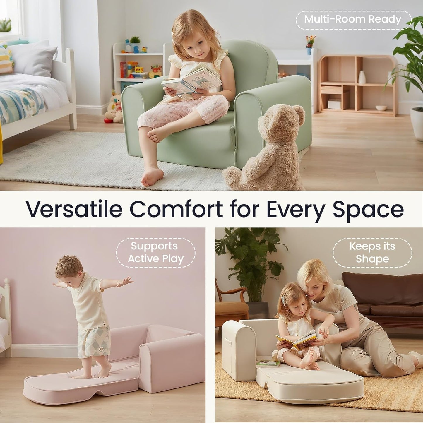 Tiny Land 2-in-1 Foldable Kids Couch with Pockets – Soft Thick Toddler Sofa, Lounger Couch
