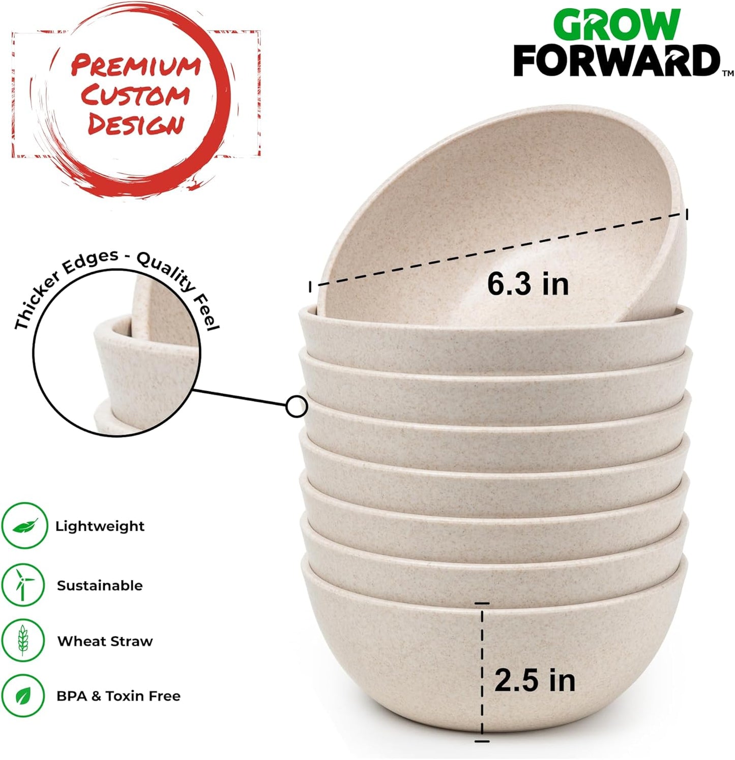 Grow Forward Premium Wheat Straw Bowls - 27oz Microwave Safe Plastic Cereal Bowls Set of 8 for