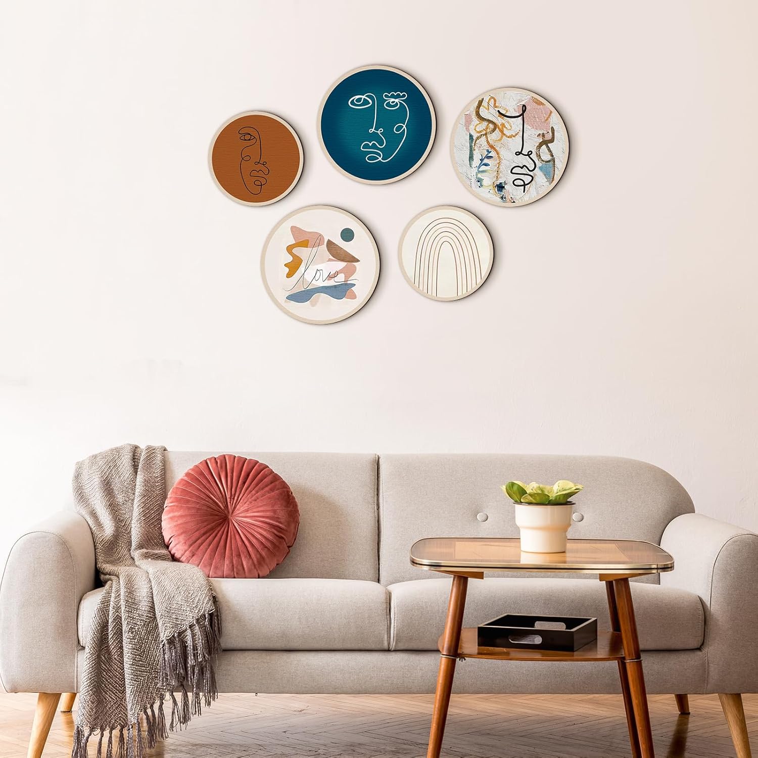 Qunclay 5 Pcs Wall Art Decor Wooden Living Room Wall Decor Bohemian Hanging Farmhouse Geometric