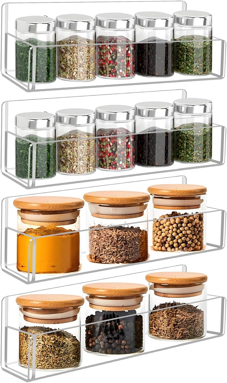 Acrylic Spice Rack Wall Mount-9 Inch, Clear Spice Shelf Storage Holder, 4 Pack Hanging Seasoning