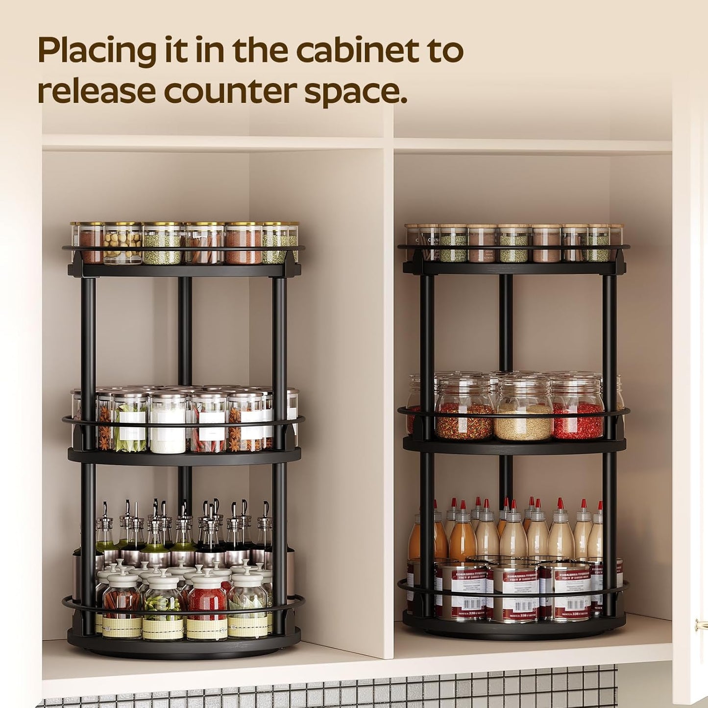 3-Tier Lazy Susan Organizer, Rotating Spice Rack, Spinning Organizer, Industrial Turntable Spice