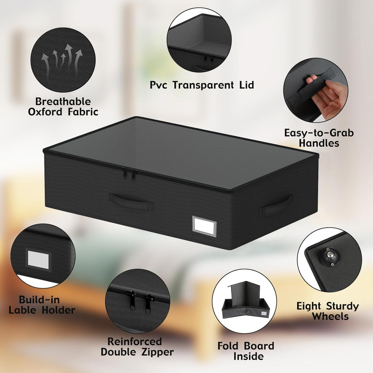 Underbed Storage Bins with Wheels, No Assembly Required - 7.5 inch height Black Large Capacity