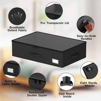 Underbed Storage Bins with Wheels, No Assembly Required - 7.5 inch height Black Large Capacity