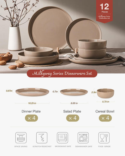 Famiware Milkyway Plates and Bowls Set, 12 Pieces Dinnerware Sets, Dishes Set for 4, Cinnamon Brown